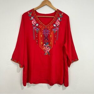 Women's Floral Embroidered Red Tunic Top Extra Large Boho Casual Vacation Office